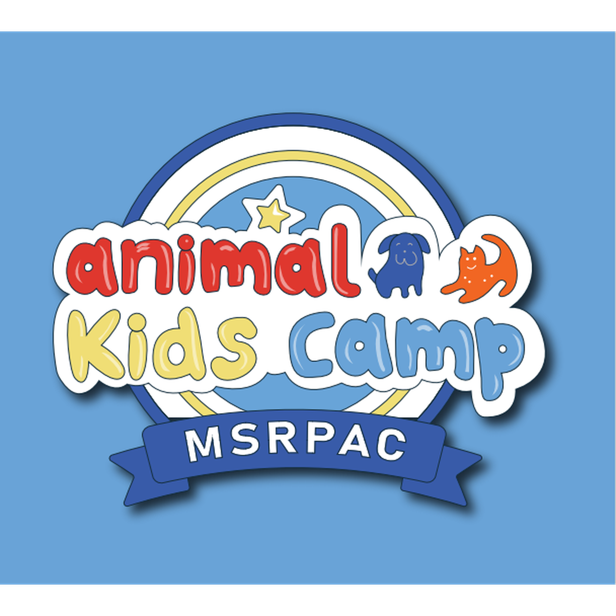 Final Animal Kids Camp logo — rounded playful lettering reading animal Kids Camp with a dog and cat icon, inside a blue and yellow rainbow arch over an MSRPAC banner