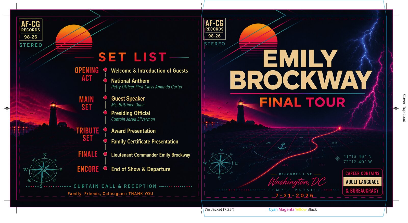 The full jacket spread shown over the manufacturer's template, with the dieline, bleed limit, safe area, side-load and top-load orientation labels and CMYK color bar visible