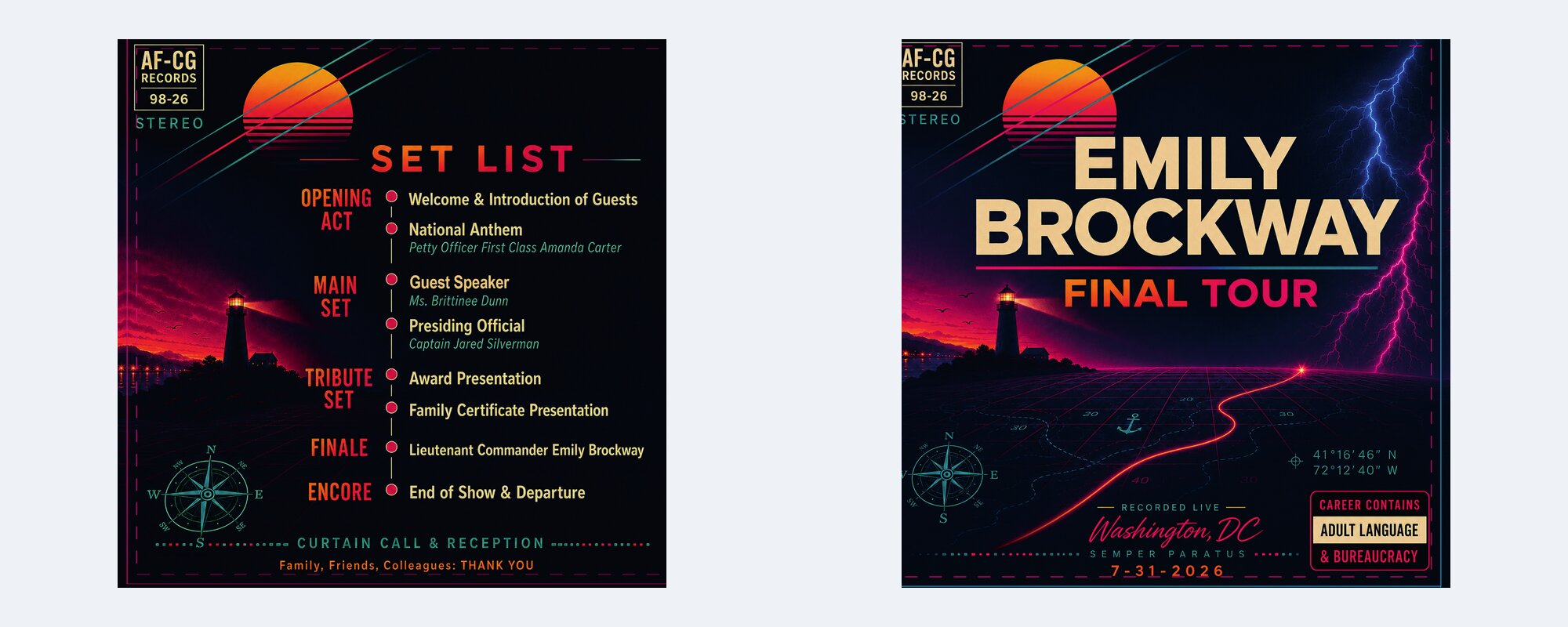 The finished 7-inch vinyl jacket, front and back — a synthwave lighthouse scene with the title treatment on the front and a program set list on the back