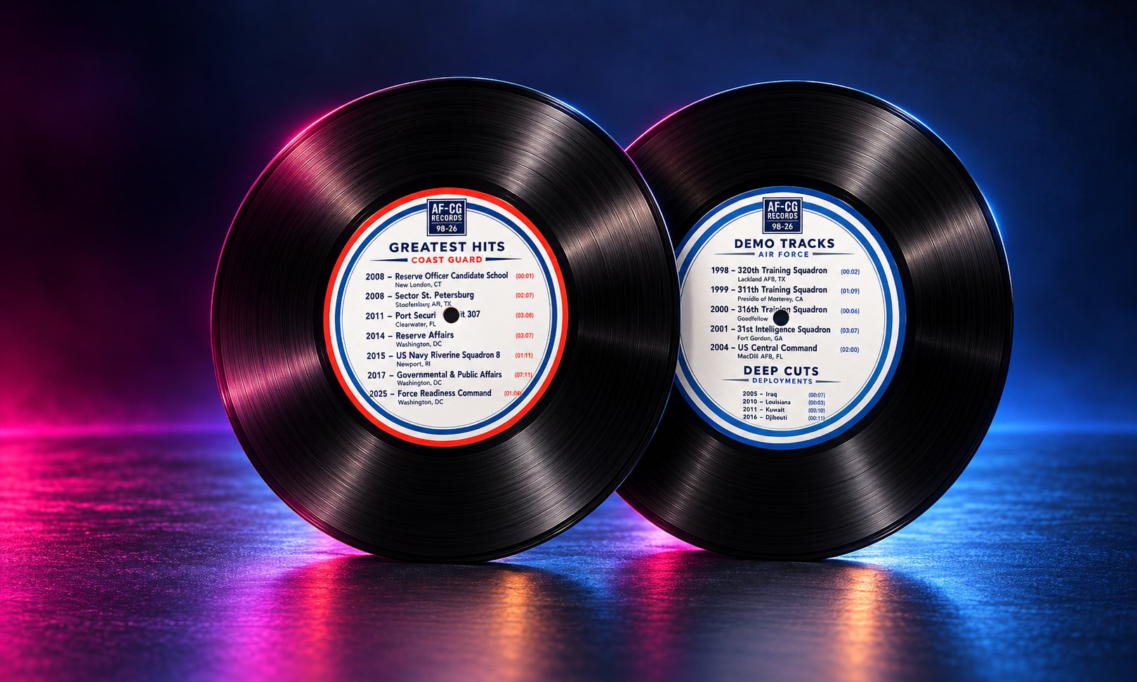 Presentation mockup of the two record labels — Coast Guard greatest hits and Air Force demo tracks — on vinyl discs