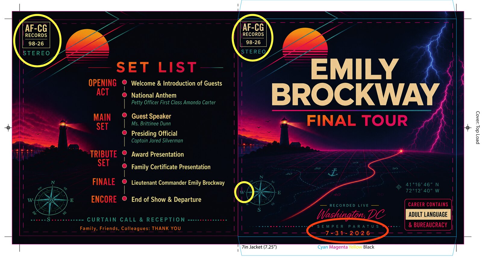 The annotated production proof of the jacket spread, with yellow circles marking the record-label logo blocks and compass rose and an orange circle marking the date line for client confirmation