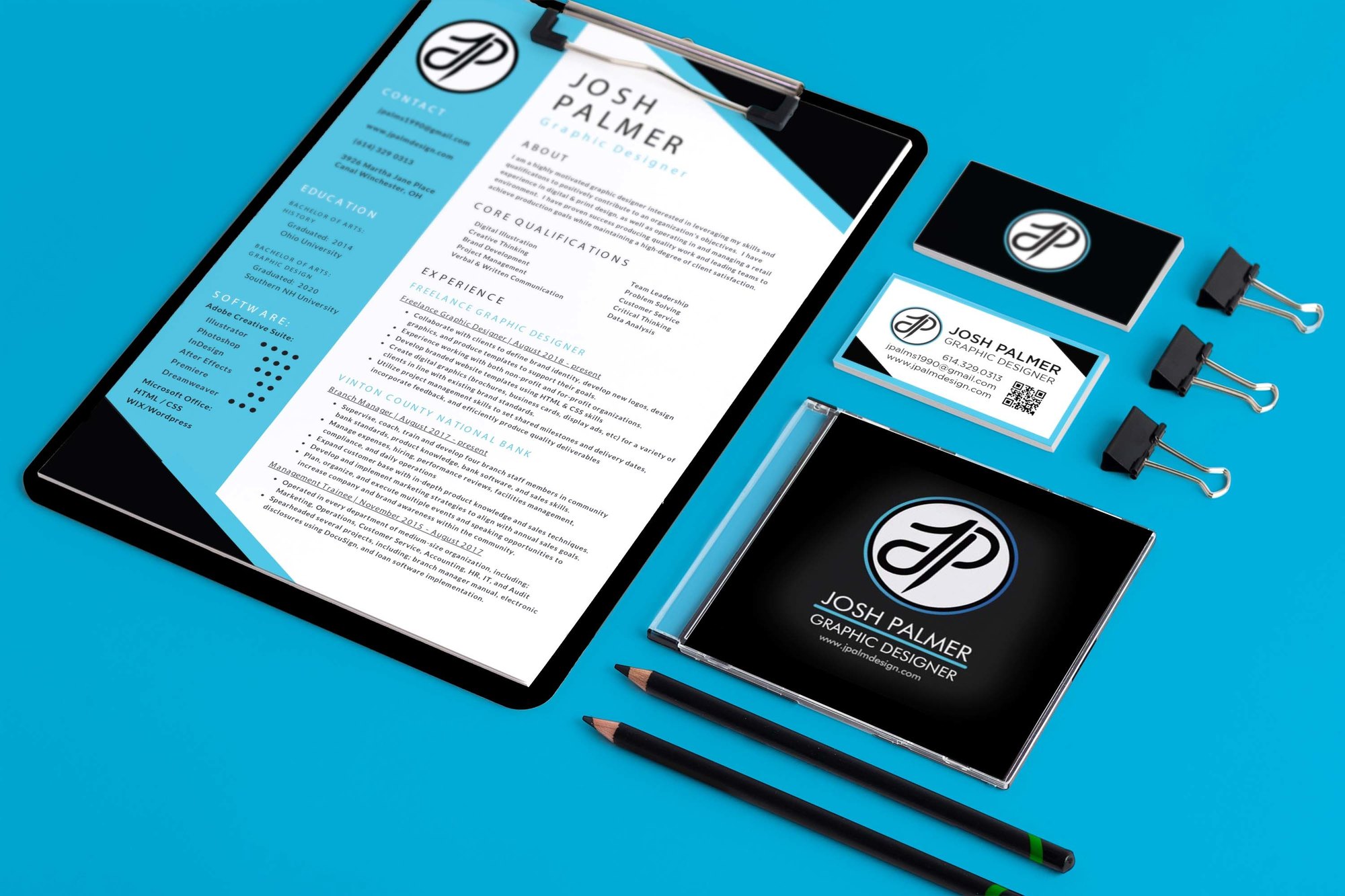 JpalmDesign brand identity suite — resume, business cards, and case insert shown together on a blue background, unified by the JP monogram and cyan-and-black palette