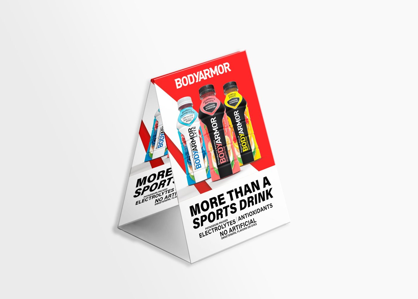 A Bodyarmor table tent built to its dieline