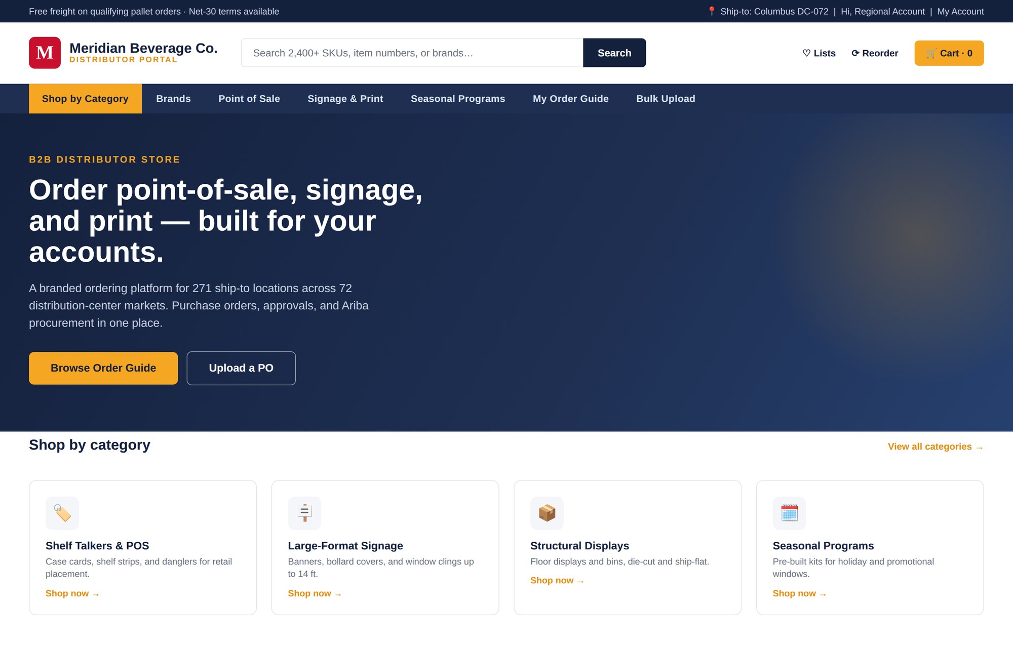The Meridian Beverage Co. B2B distributor storefront — a brand-anonymized reconstruction of the enterprise e-commerce platform