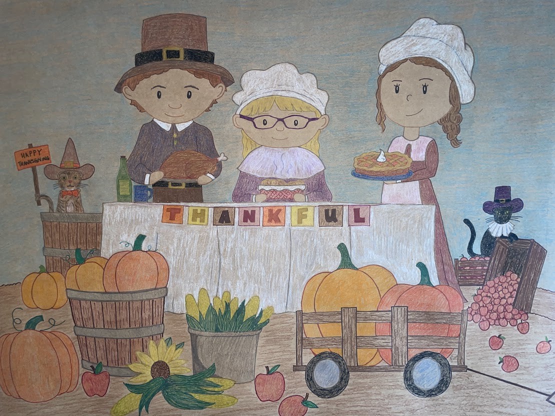 Finished five-by-eight-foot colored-pencil Thanksgiving banner — a family of three dressed as pilgrims at a harvest table with pumpkins, corn, apples, and costumed cats