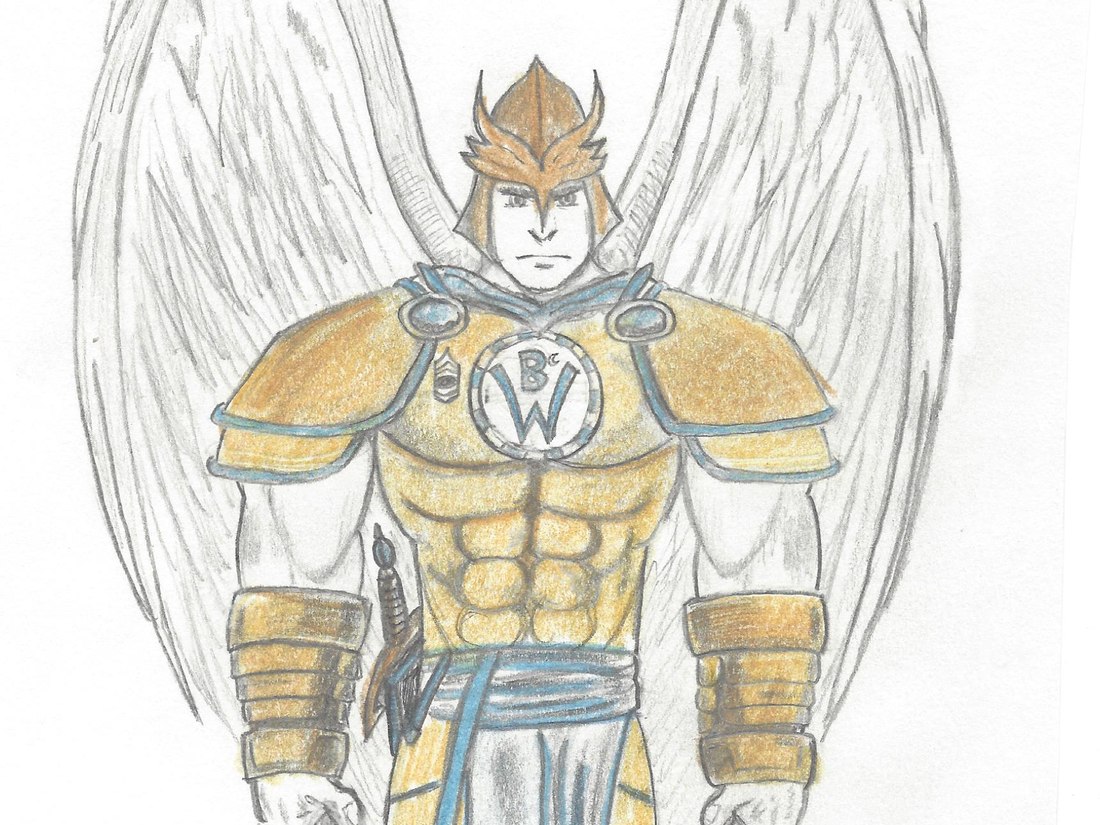 Character design of a winged, armored hero figure in color