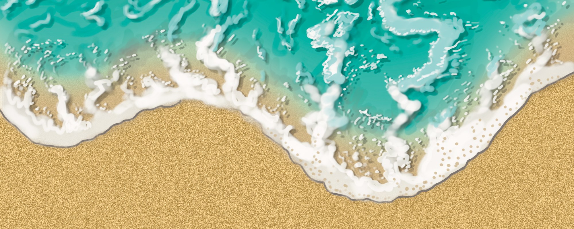 Digital landscape painting — a top-down view of turquoise surf washing over golden sand