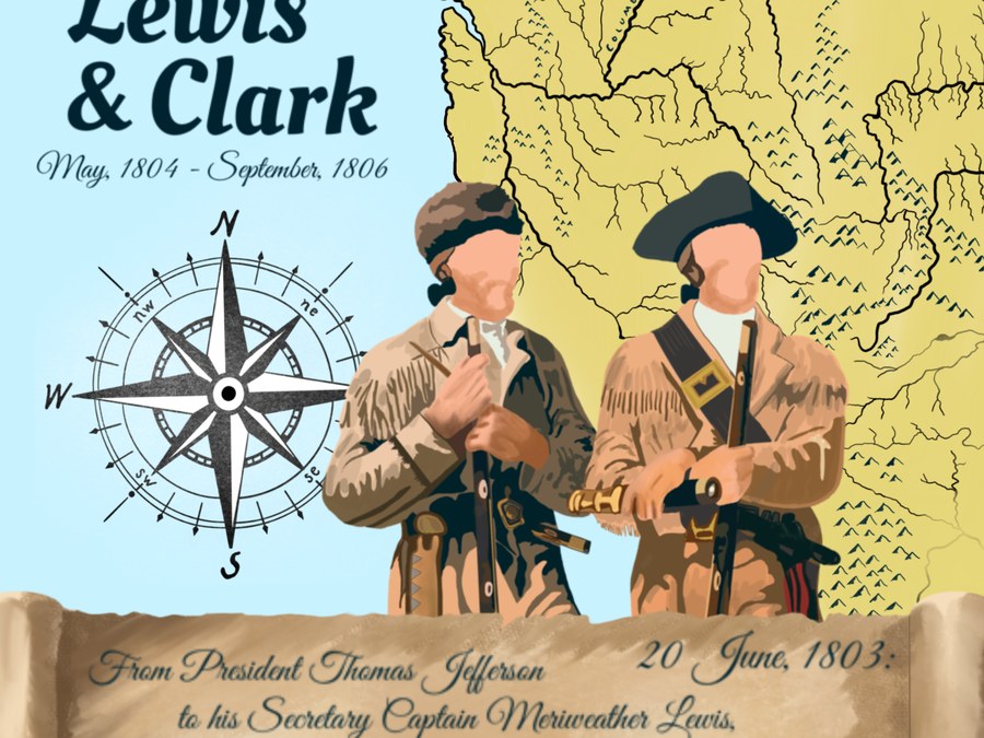 Illustrated Lewis and Clark themed piece with map, compass and figures