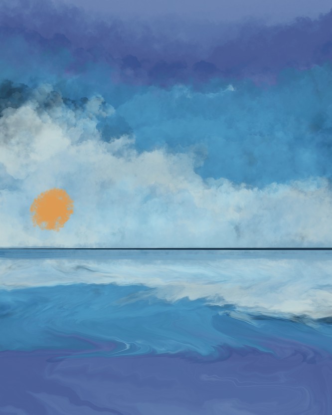 Moody digital painting of a low orange sun over a still sea beneath layered blue clouds, with a mirror-calm reflection