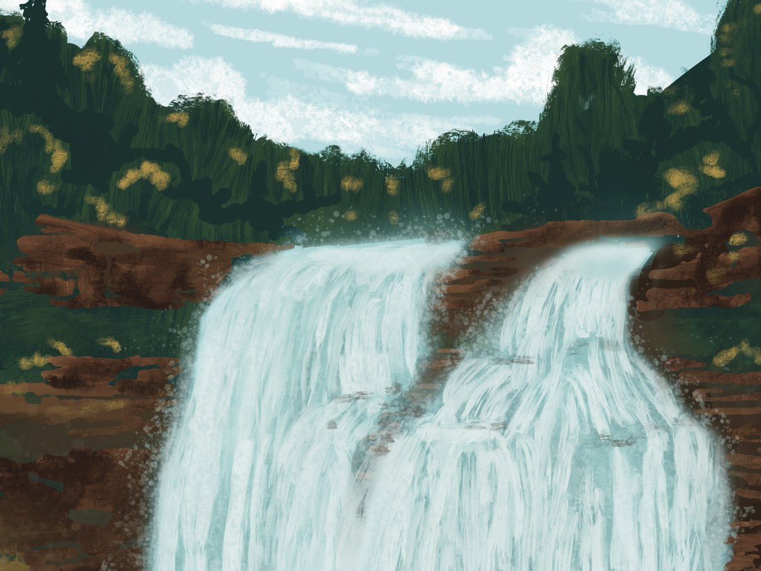 Digital painting of a tall waterfall in a wooded gorge