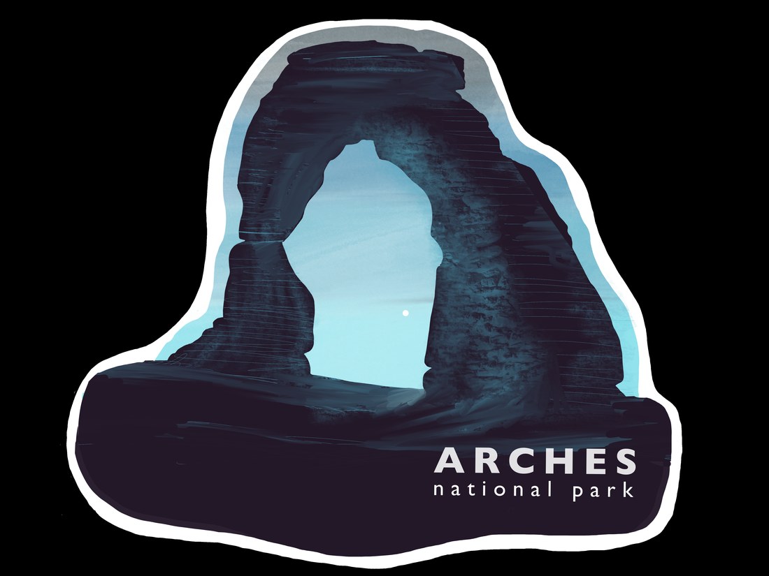 Die-cut sticker illustration of Delicate Arch, Arches National Park