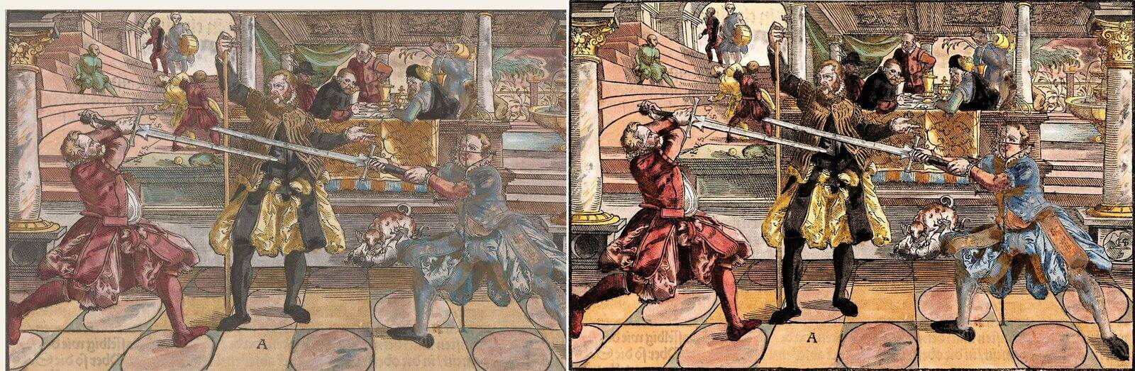 The 1570 Meyer plate before and after colorization, side by side — the faded original at left, the restored version at right with recovered saturation and separation