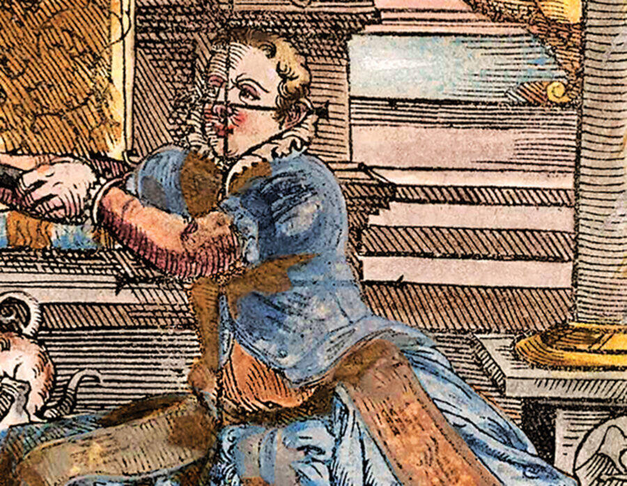 Detail crop of the blue-clad swordsman at right — layered blue and tan with the ruff and facial line work preserved