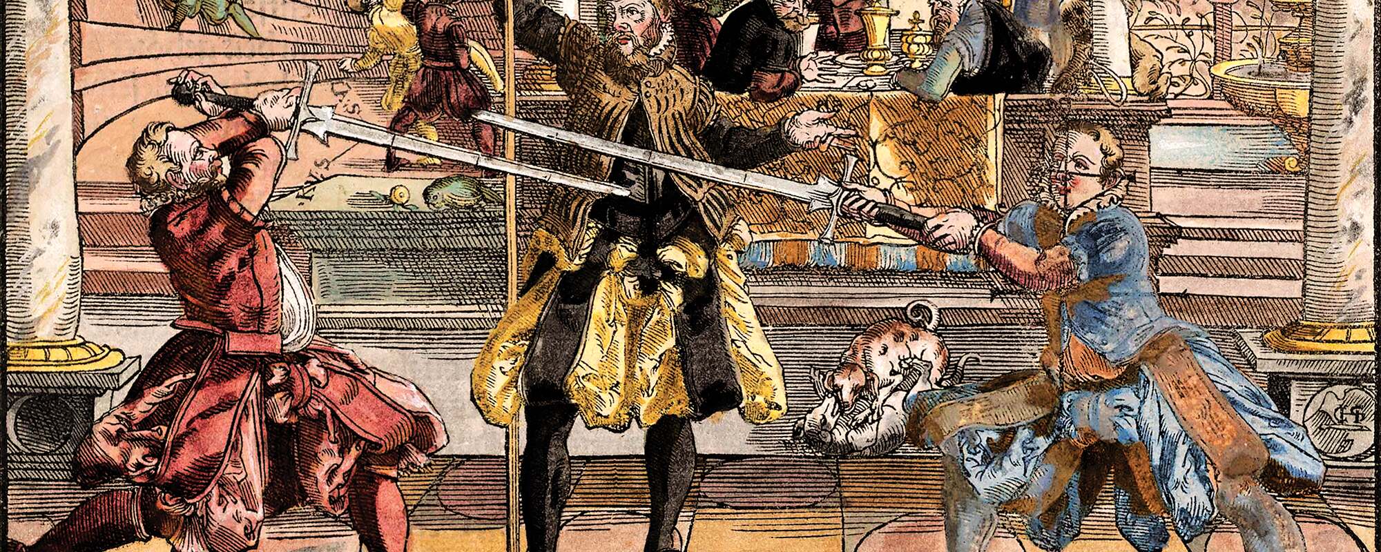 Detail of the colorized 1570 Meyer fencing plate — three swordsmen in red, black and blue mid-exchange in a colonnaded hall, with spectators dining behind them