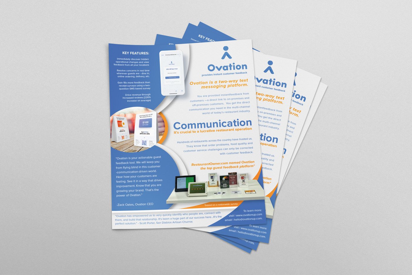 Ovation product flyer — a blue and orange one-page marketing flyer for a restaurant guest-feedback platform, shown as a stack of printed copies