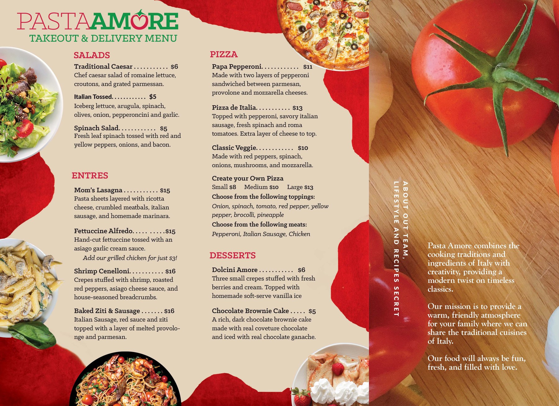 Pasta Amore tri-fold brochure inside, shown flat — the full takeout and delivery menu with salads, entrées, pizza, desserts, and an about panel