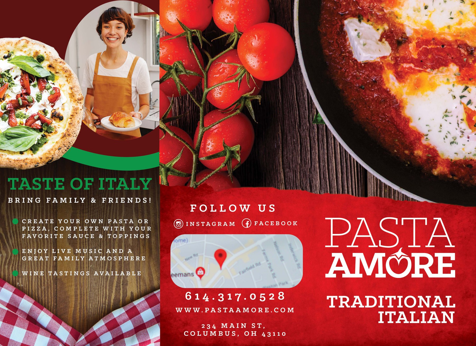 Pasta Amore tri-fold brochure outside, shown flat — three panels with the brand cover, follow-us and contact panel, and the Taste of Italy invitation