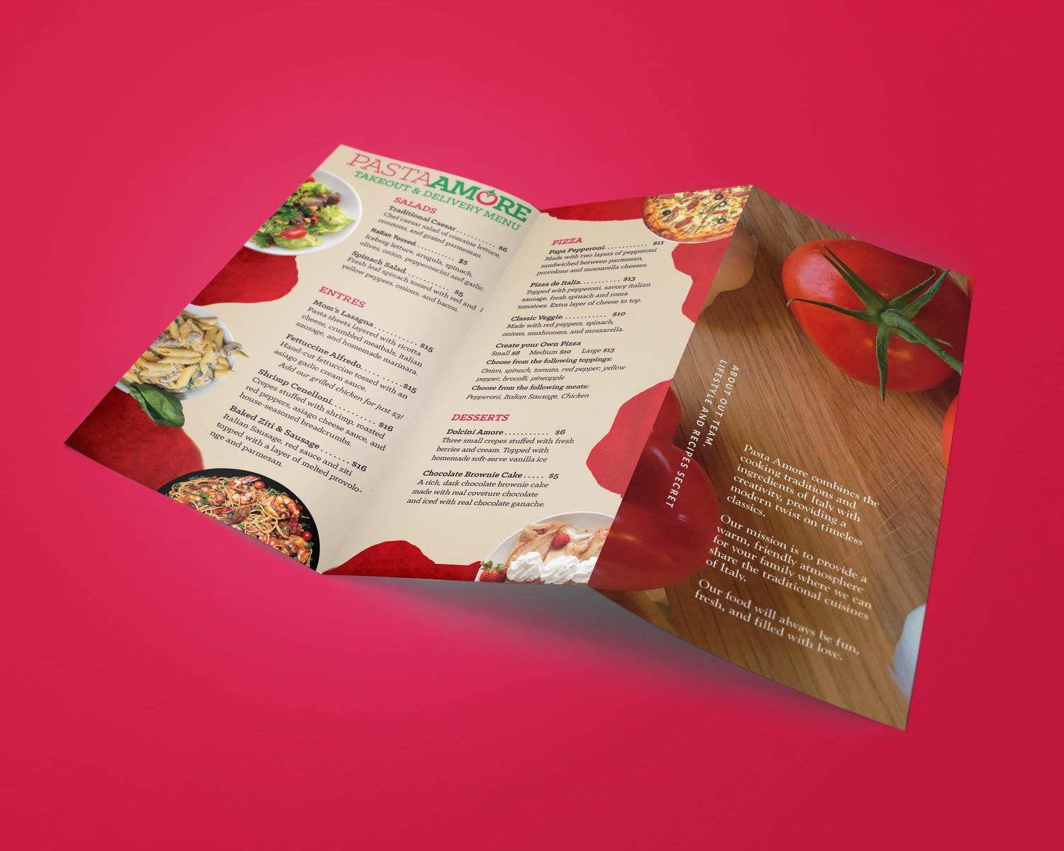 Pasta Amore tri-fold brochure, inside, shown as a folded 3D mockup on a red background — the takeout and delivery menu with an about-the-restaurant panel