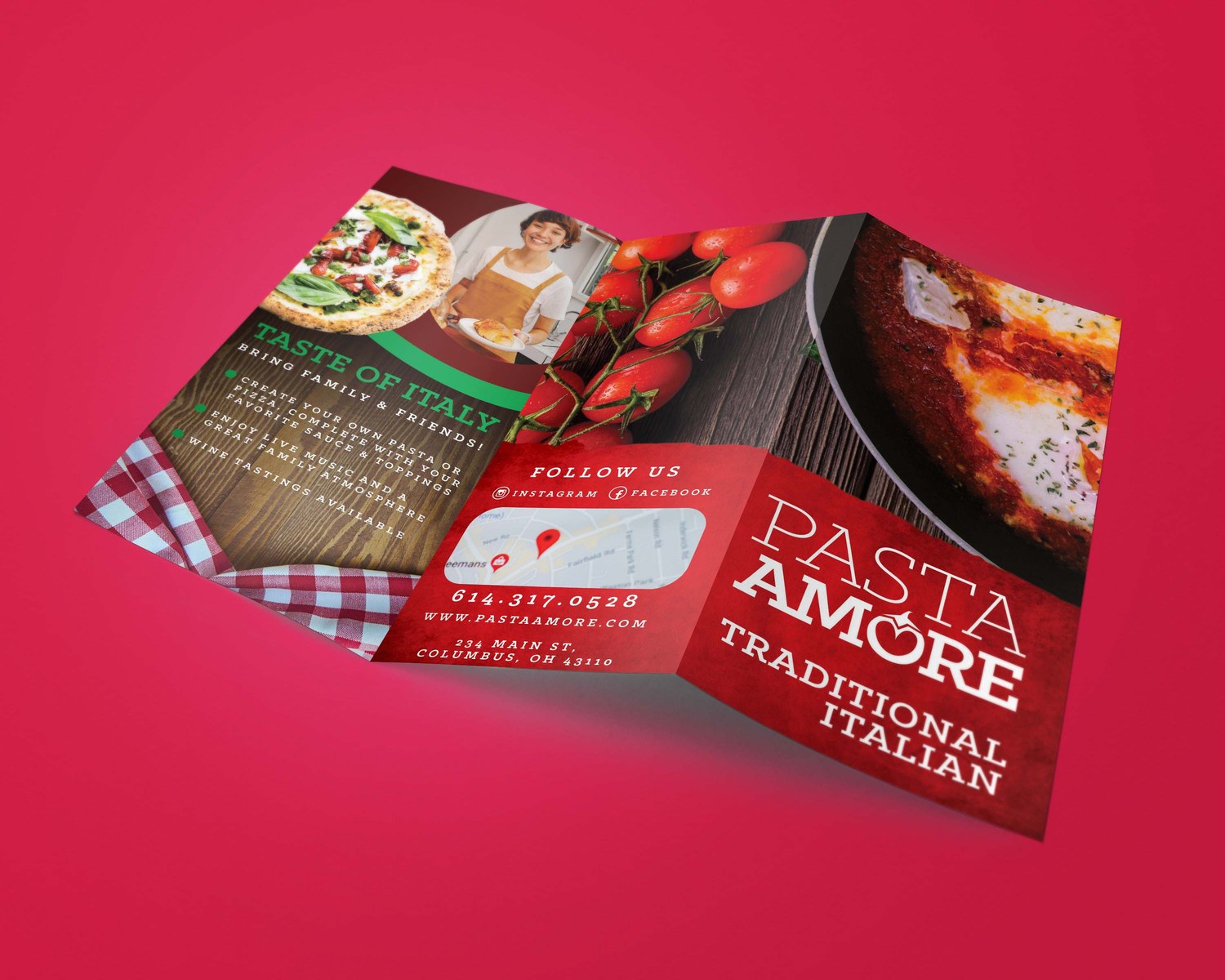Pasta Amore tri-fold brochure, outside, shown as a folded 3D mockup on a red background — brand panel, follow-us panel with map and contact, and a Taste of Italy panel
