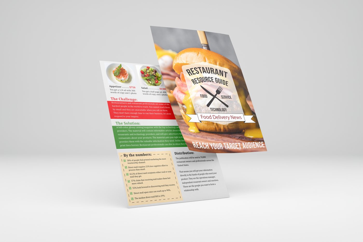 Restaurant Resource Guide — a two-page marketing flyer with a burger cover and a challenge/solution layout with pricing tiers