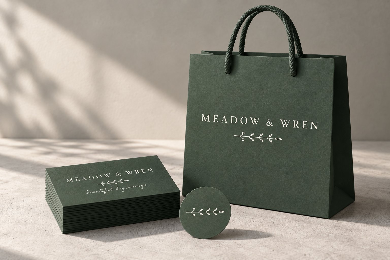 White knockout Meadow and Wren logo on a deep green shopping bag, business cards, and a round sprig seal
