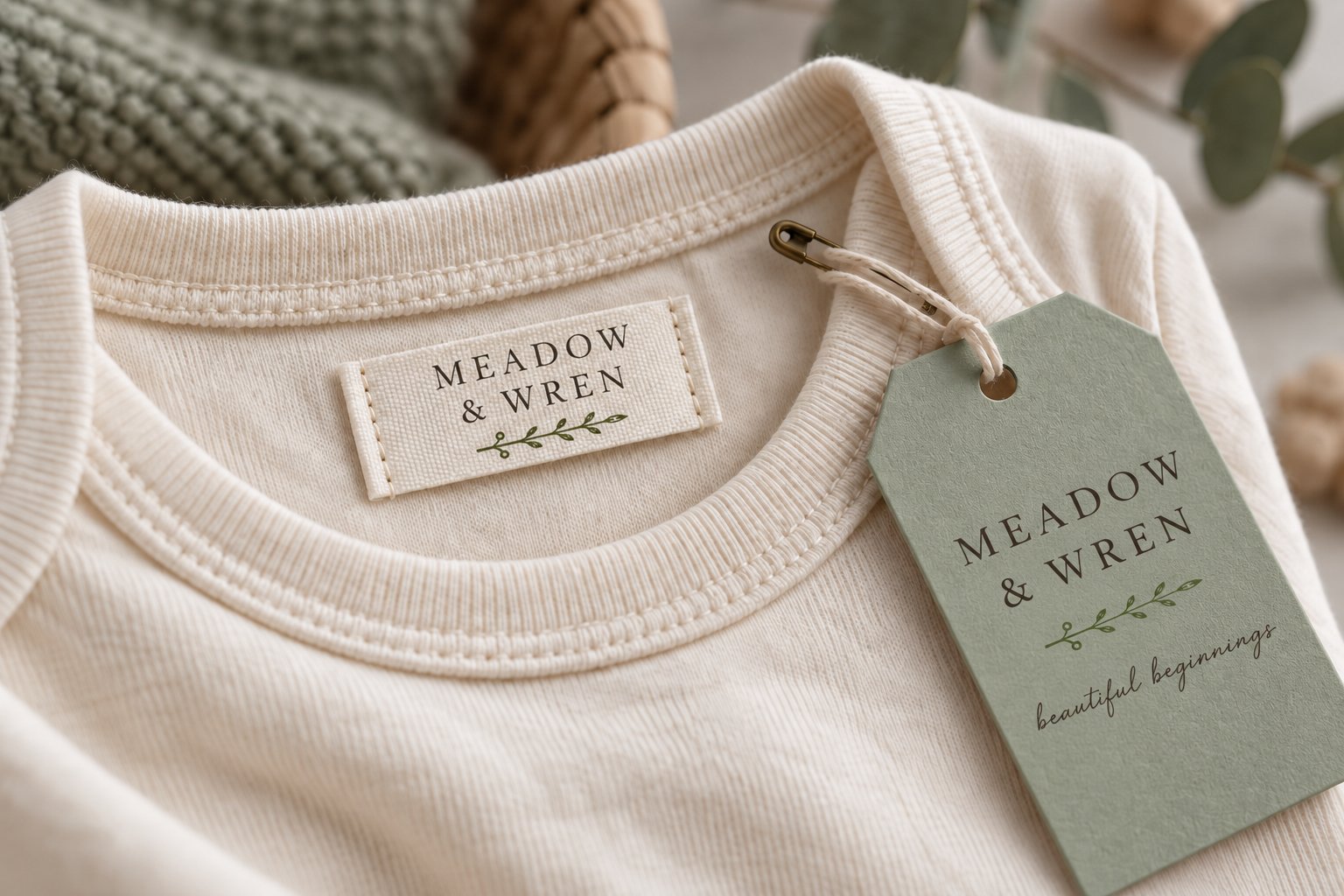 Meadow and Wren stacked lockup on a woven neck label inside a cream baby garment, with a sage swing tag carrying the lockup and the script tagline