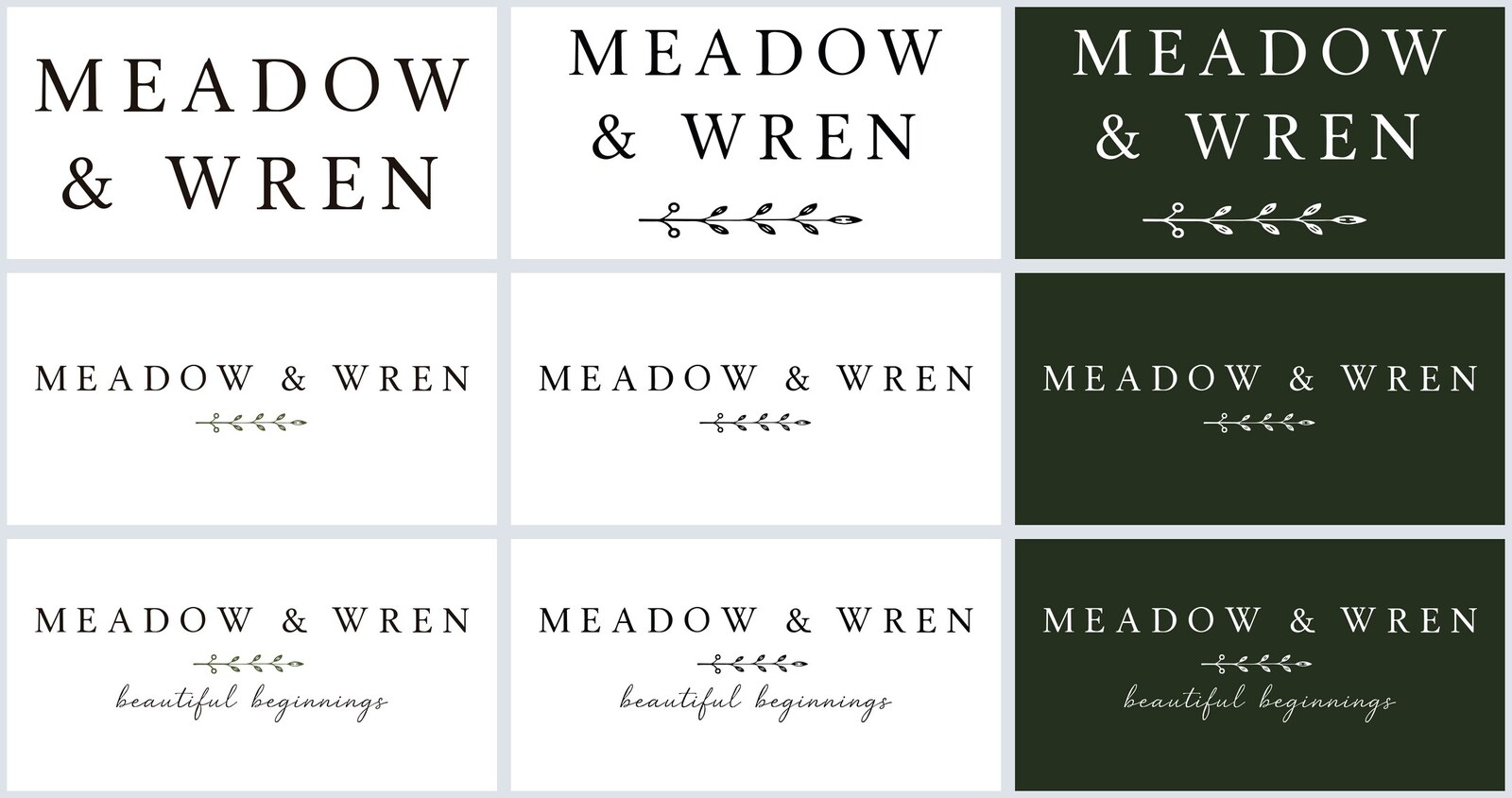 A three by three grid showing each of the three Meadow and Wren lockups in full colour, solid black, and solid white on a dark green ground