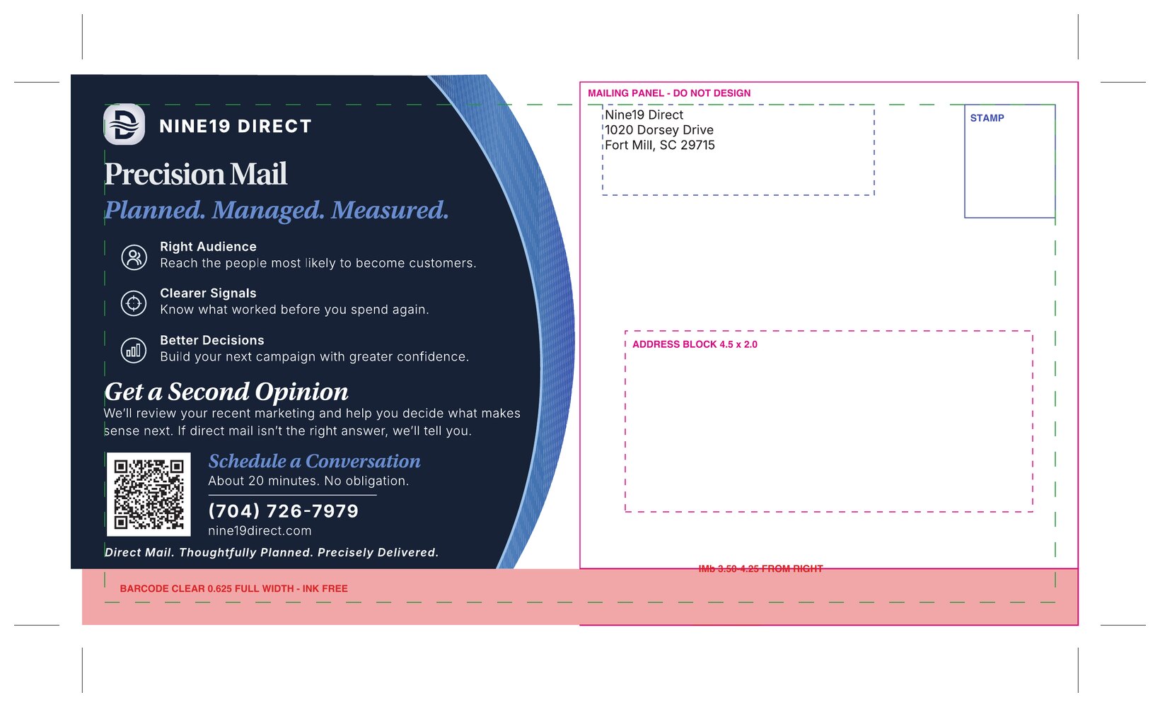 The marked production proof of the address side, showing the mailing panel boundary, the 4.5 by 2 inch address block, Intelligent Mail barcode placement, and the full-width ink-free barcode clear zone