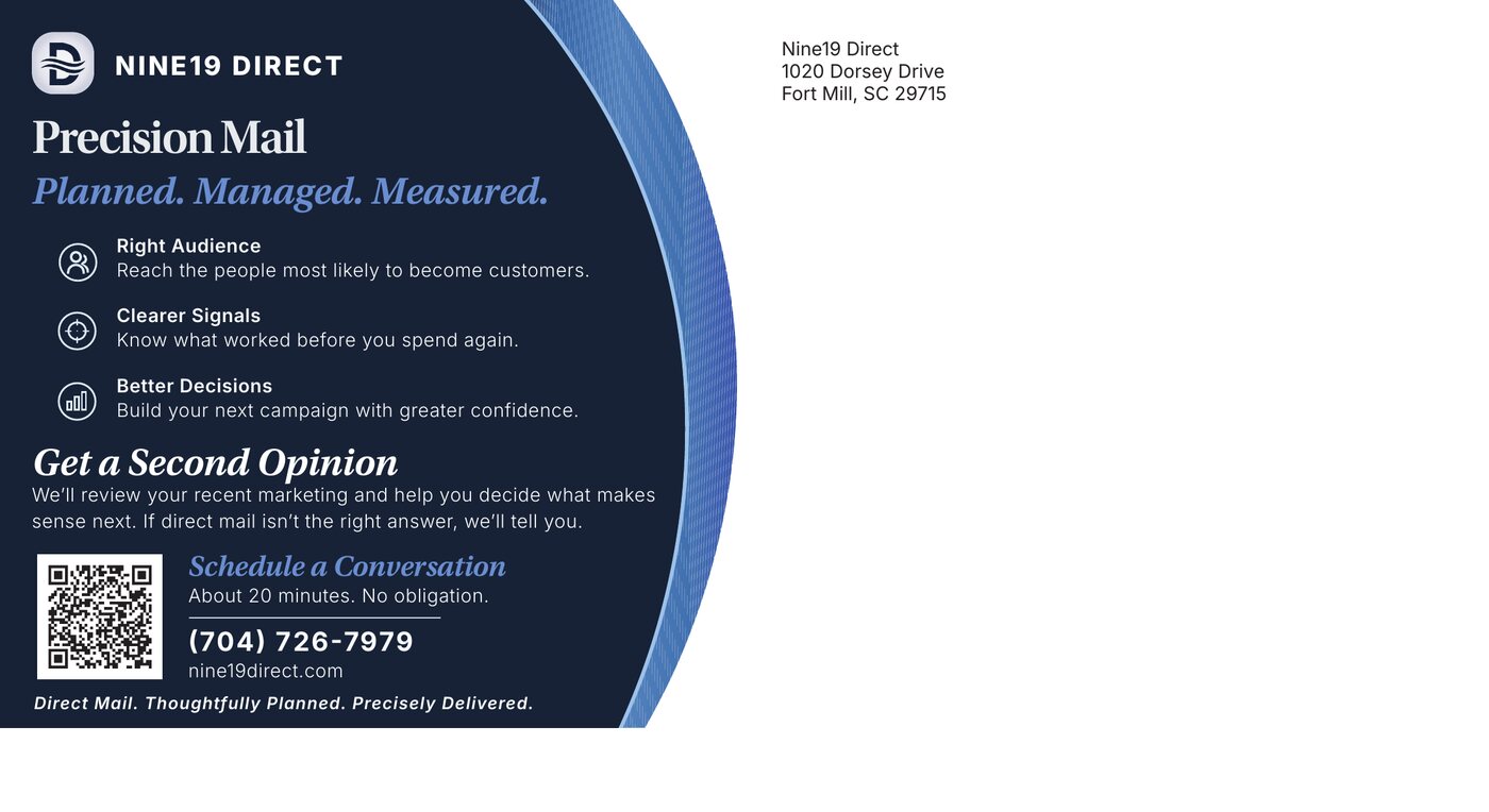 The address side of the Nine19 Direct card — a Precision Mail benefit panel on the left half, with the right half left entirely clear for the mailing panel