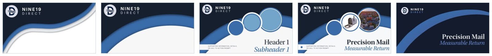 Five layout directions for the Nine19 Direct mail card shown side by side, exploring different arrangements of the brand wave motif, panel geometry, and type hierarchy