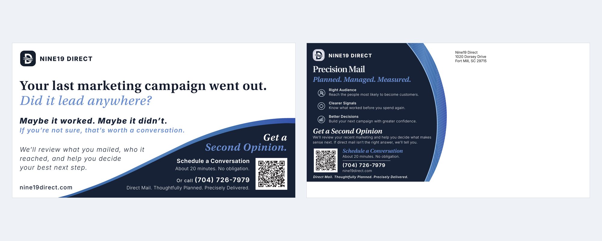 The Nine19 Direct 6 by 11 inch mail card, message side and address side, showing the Second Opinion offer and the Precision Mail benefit panel