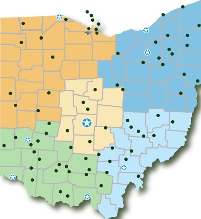 The regions layer — five color-coded state-park regions with park markers