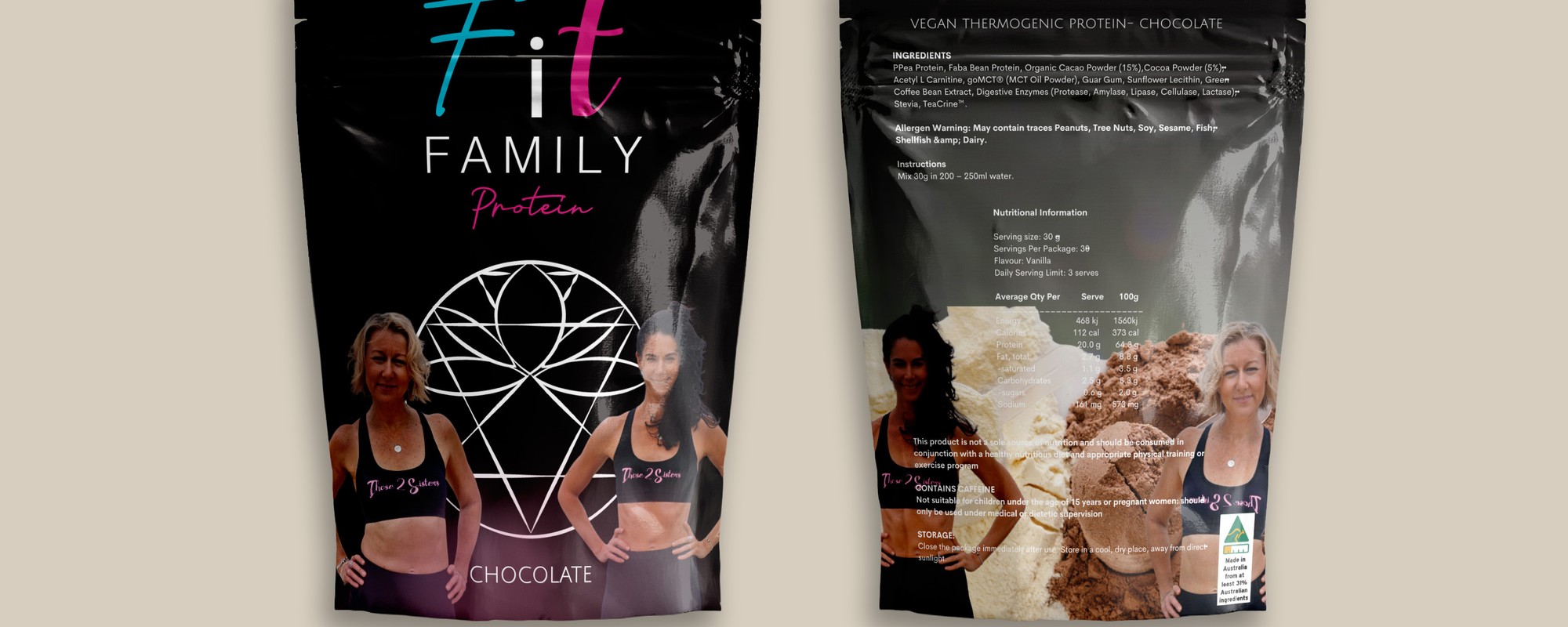 Fit Family Protein Chocolate pouch shown front and back as finished product mockups — the Fit Family wordmark and diamond motif on the front, the full regulatory panel on the back