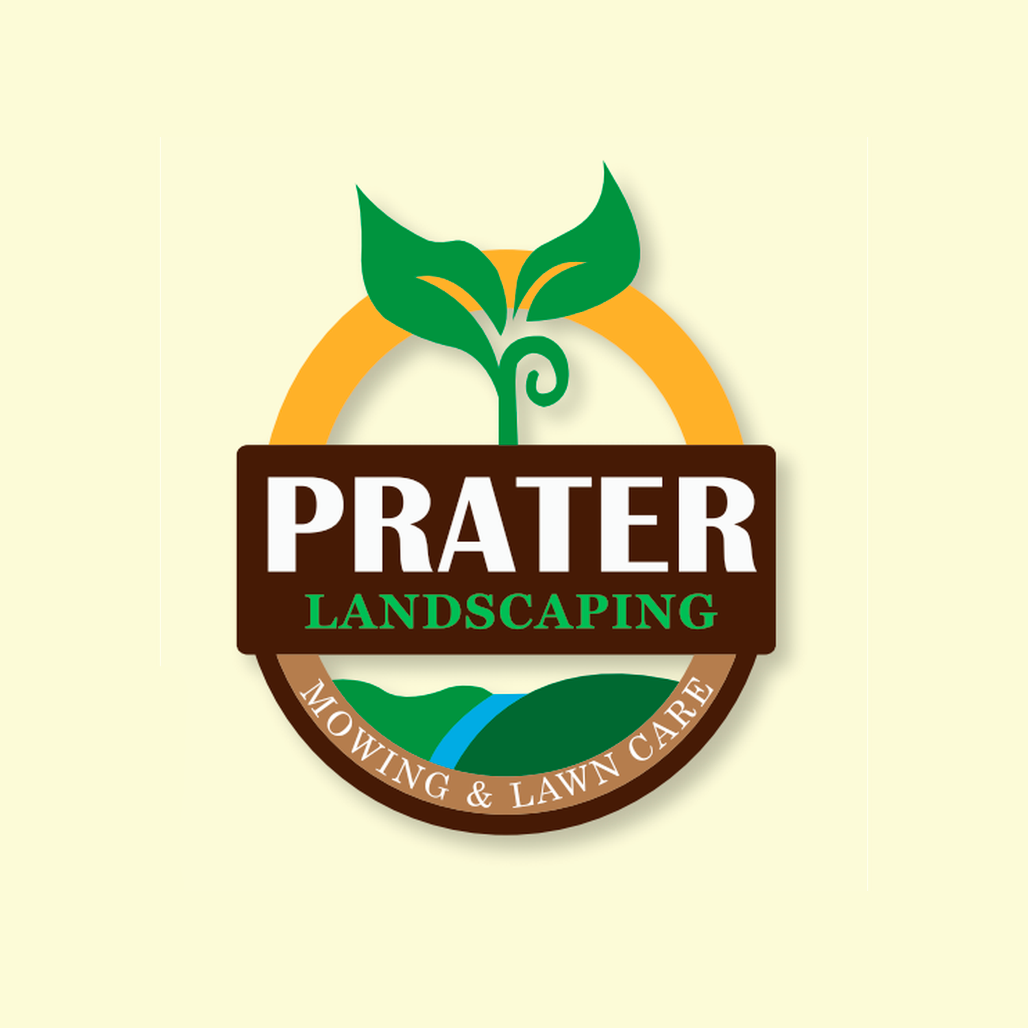 Prater Landscaping logo — a green sprout rising through a gold ring above a brown banner reading PRATER LANDSCAPING, Mowing & Lawn Care