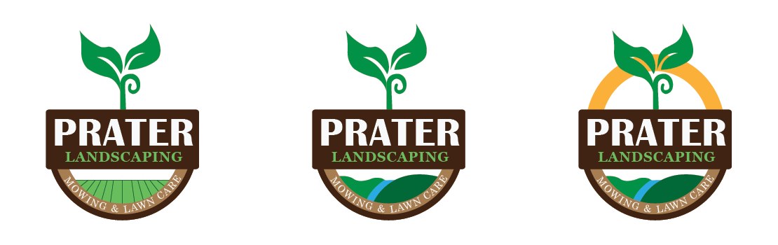 Three digitized Prater logo development versions side by side — green only, green with water, and the final with an orange sun arc