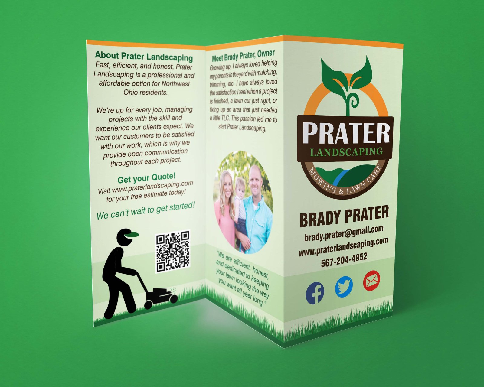 Prater Landscaping tri-fold brochure, standing and unfolded, showing the cover and interior panels with services and an illustrated mowing figure