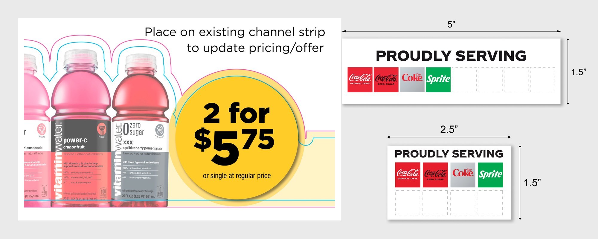 Die-cut channel-strip sticker with cut and bleed lines, beside two dimensioned Proudly Serving stickers