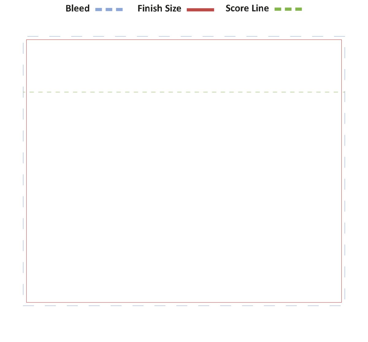 Case card die-line — a 12 by 10 inch card on a 14 by 14 sheet with bleed, finish size, and a horizontal score line