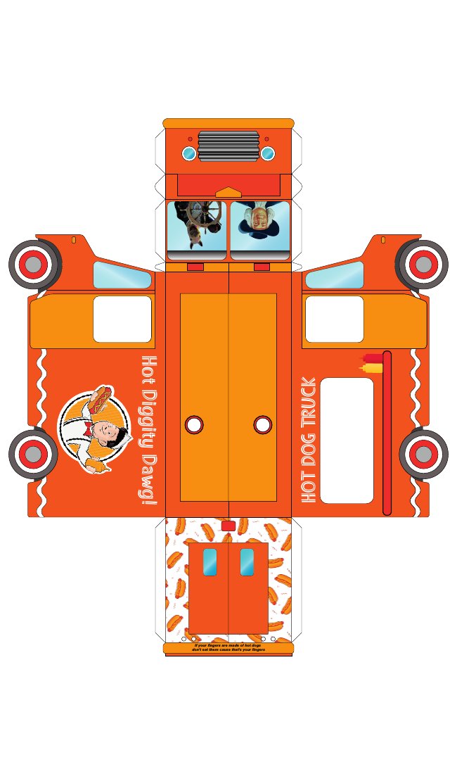 Finished printed hot dog truck artwork laid out flat, ready to fold into a three-dimensional model
