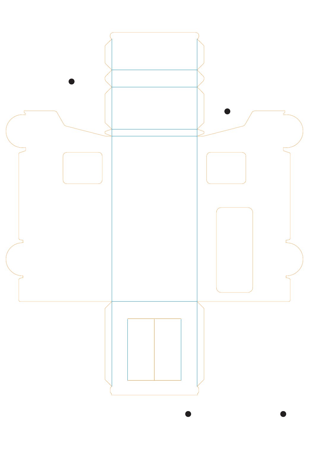 Food truck structural cut file showing blue score lines and an outline cut path for a fold-up paper truck