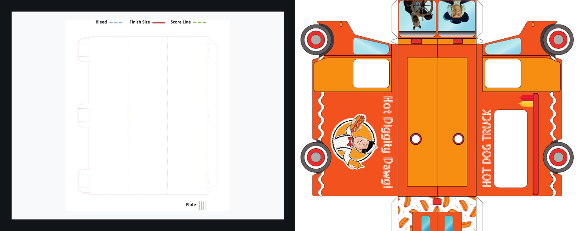 A die-line template showing bleed, finish-size, and score lines with a scalable legend, beside the finished printed product it produces