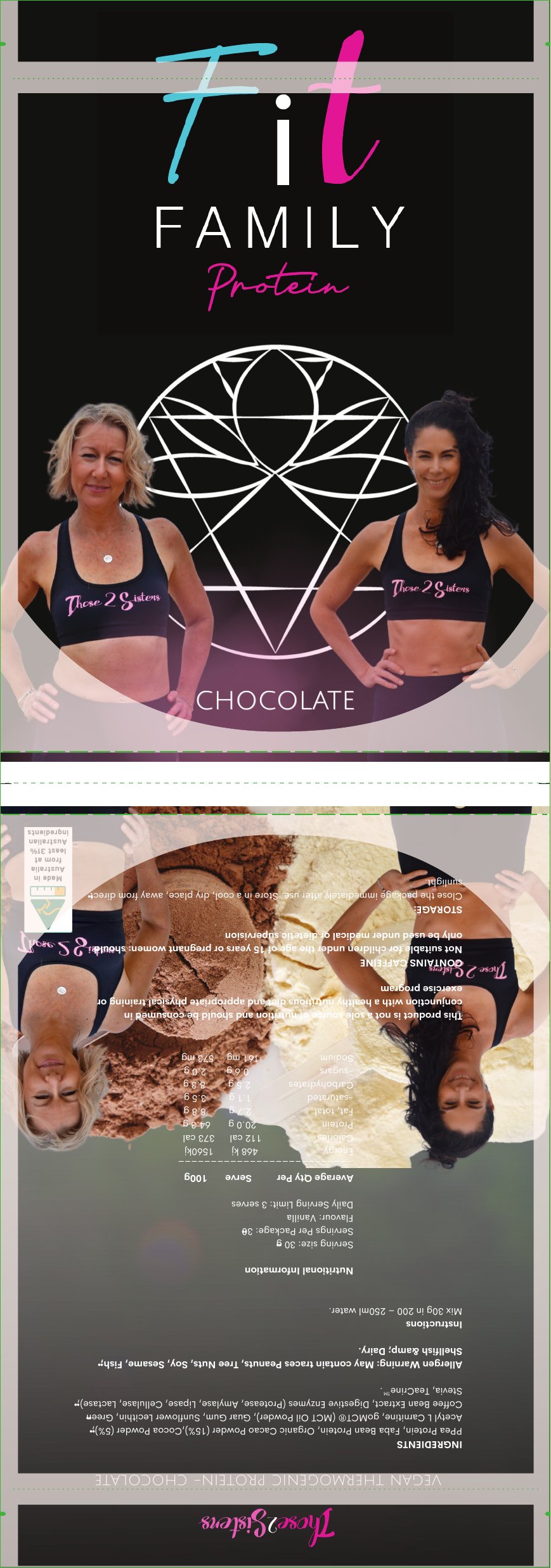 Production output preview of a protein pouch showing the front brand panel and the full regulatory back panel with nutrition and ingredient copy