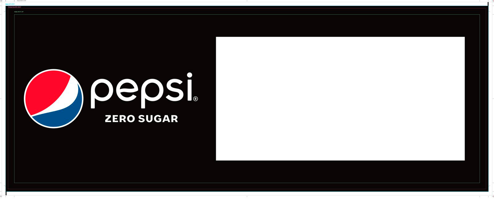 Pepsi Zero 8 by 3 foot poly banner press proof with a production slip showing job number 38771, CMYK build, and thru-cut and score checkboxes