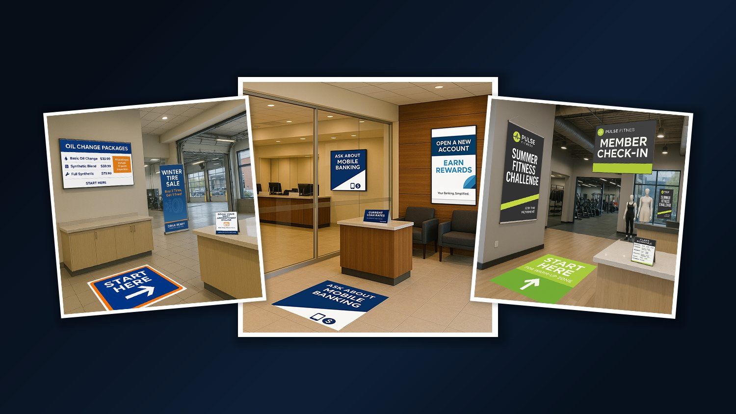 A range of finished print products — banners, retractable stands, yard signs, and posters