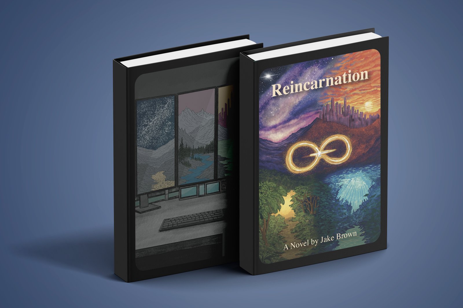 Reincarnation by Jake Brown — hardcover mockup showing the illustrated cover: a cosmic sky, a city at sunset, green forest, and underwater scene, with a glowing gold infinity symbol at the center