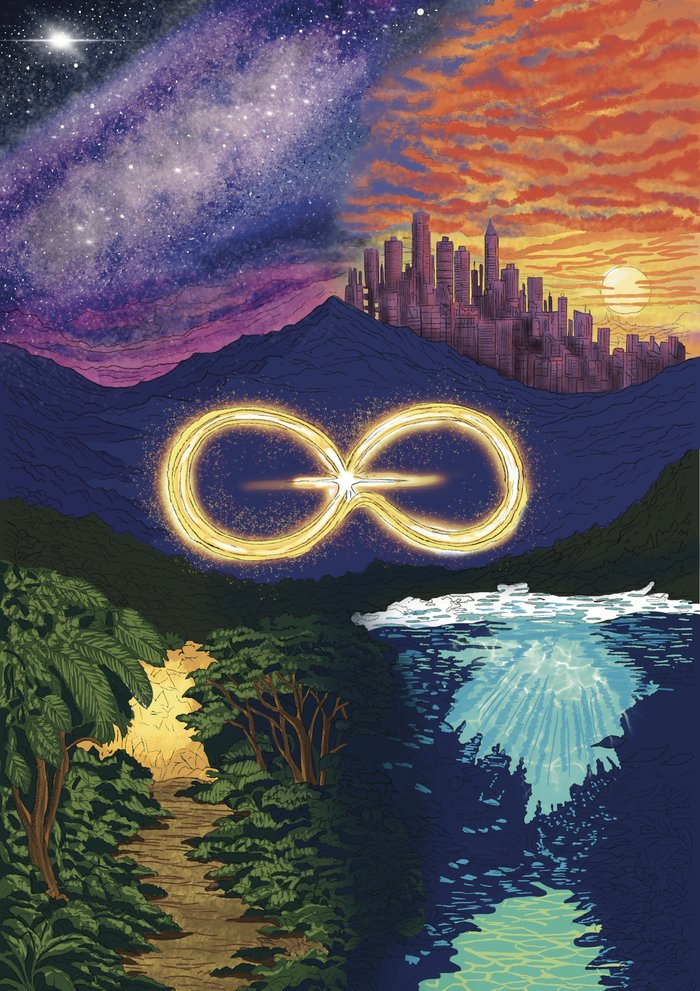 Reincarnation cover, stage three — final rendering with lighting, texture, and the glowing infinity symbol