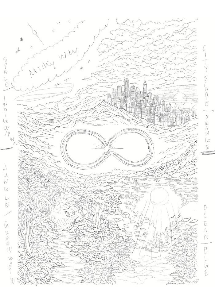 Reincarnation cover, stage one — hand-drawn line art establishing the composition