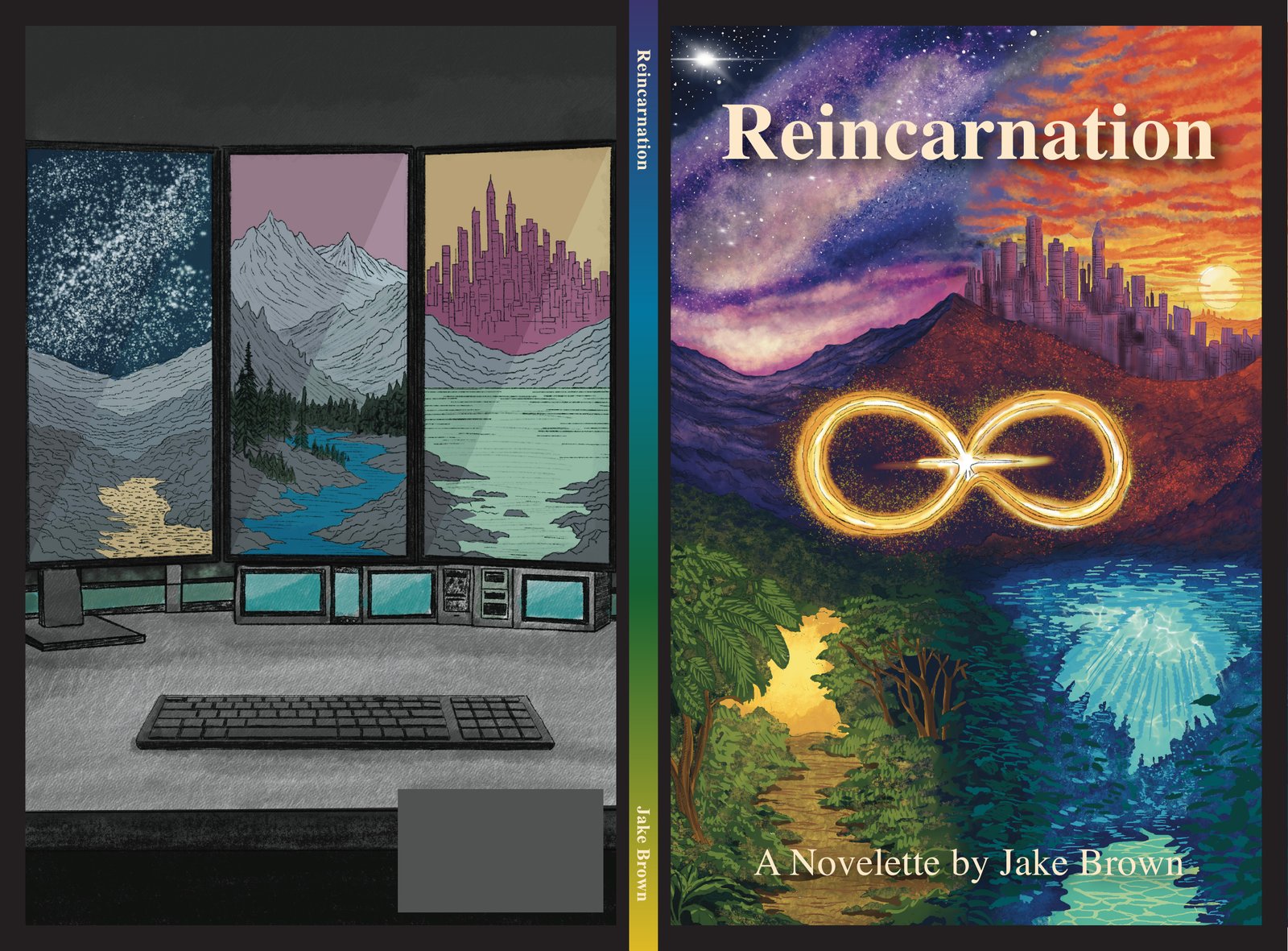 Reincarnation full wraparound cover — back cover, spine, and front cover laid flat, showing the illustration continuing across all three