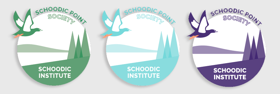 The adopted Schoodic mark delivered in a full colorway suite — coastal grey, conifer green, light blue, and purple variants of the circular badge