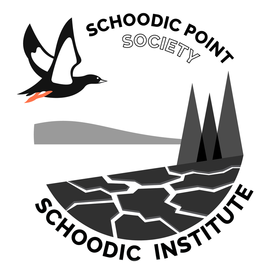 The Schoodic Point Society mark rebuilt as clean single-color vector paths — guillemot, conifers, and rocky shoreline encircled by the Schoodic Point Society / Schoodic Institute lockup